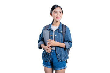 A happy young Asian student holding a laptop and looking away with a thoughtful and pleasant smile....