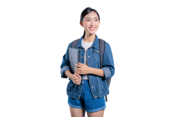 A happy young Asian student holding a laptop and looking away with a thoughtful and pleasant smile. on png 