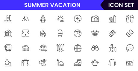 Summer Vacation vector web line icon collection, sleek illustrations of tents, campfires, backpacks, nature for adventurous, outdoor designs.