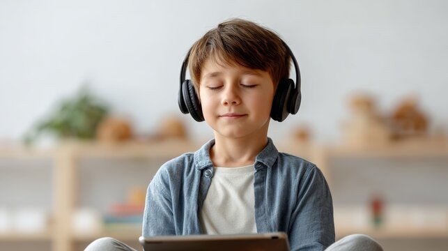 Elementary school student enjoying online learning with headphones and a digital tablet, engaging with educational apps and embracing technology for modern education
