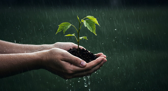 Hands gently hold a small plant with soil, rain falling around, symbolizing growth, hope, and environmental care. - Powered by Adobe