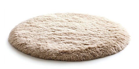 A fluffy, round, beige rug or mat is displayed against a white background, casting a soft shadow.