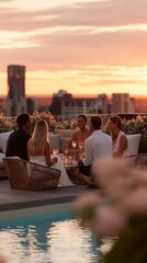 Friends gather for an evening celebration on a rooftop during sunset in a city setting