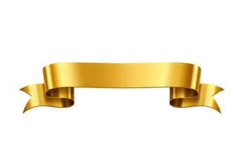 Curved gold ribbon banner with dimensional perspective and lustrous metallic surface creating elegant decorative element, isolated on white or transparent background. PNG