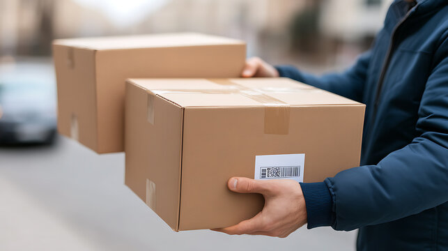 Boxes being delivered. Person holding two brown cardboard boxes outside, ready for shipping. Focus on the packages and hands. Modern and practical.