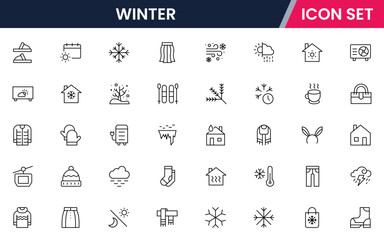 Winter vector web line icon collection, sleek illustrations of snowflakes, scarves, sleds, ice for chilly, seasonal designs.
