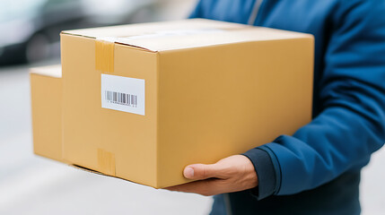 Delivery service: Holding a cardboard box. Secure shipping. Mail service delivering packages. Courier with parcel. Box delivery.