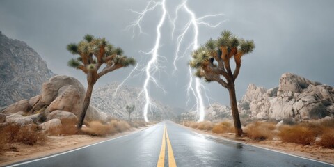 Lightning strikes on open road desert landscape nature photography dramatic weather scenic viewpoint awe-inspiring event
