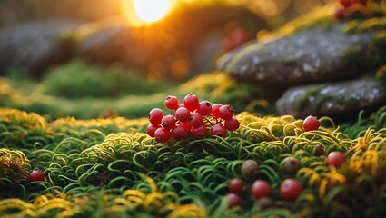 Red Berries Grow Among Green Moss in Sunlight Nature Scene
