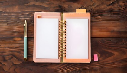 Elegant Spiral-Bound Notebook with Blank Pages, Stylish Mint-Gold Pen, on a Rich Wooden Surface, Ready for Organisation, Planning, and Creative Inspiration