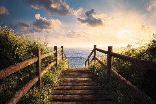 Wooden path leading to the ocean at sunset