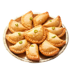 Deliciously Crispy Indian Samosas on a Silver Platter, Perfect for Celebrations and Gatherings on transparent background