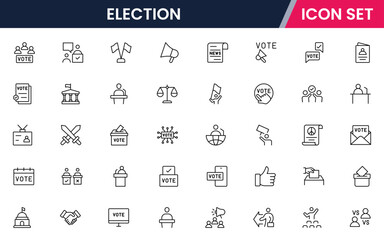 Election  vector web line icon collection, sleek illustrations of ballots, podiums, flags, governance for impactful, civic-minded designs.