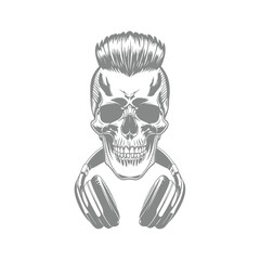 Illustration of a Skull with stylish Hair Cut and Headphones Hanging on Neck