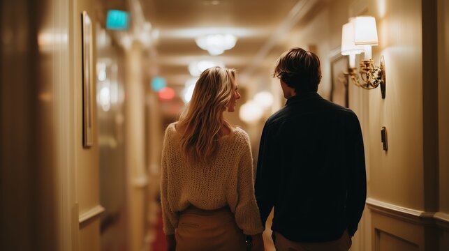 Couple walking hand in hand down a romantic hotel corridor during a relaxed evening together