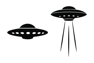 Two black silhouette flying saucers one emitting light beams against a white background vector illustration