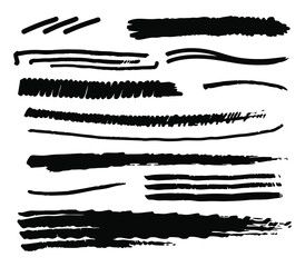 Collection of black brush strokes and lines on white background emphasizing design elements and artistic expression vector illustration