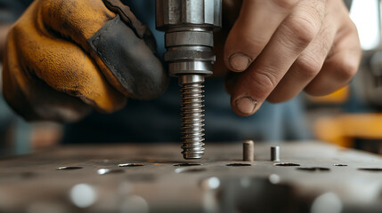 Metalworker using a drill press. Precise work and metal fabrication in action. The worker wears protective gloves, ensuring safety during the operation.