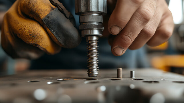 Metalworker using a drill press. Precise work and metal fabrication in action. The worker wears protective gloves, ensuring safety during the operation.