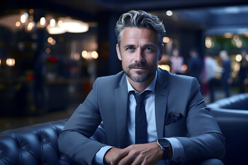 Confident businessman in a stylish suit relaxing at an upscale venue during an evening social gathering