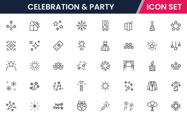 Celebration and  Party vector web line icon collection, sleek illustrations of balloons, confetti, cakes, gifts for vibrant, festive event designs.