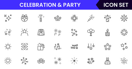 Celebration and  Party vector web line icon collection, sleek illustrations of balloons, confetti, cakes, gifts for vibrant, festive event designs.