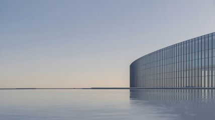 Obraz premium Modern architectural building with glass facade reflecting in water under a clear sky