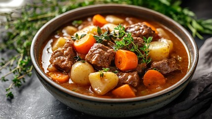 Hearty Beef Stew with Potatoes and Carrots in a Ceramic Bowl