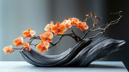 Elegant orange orchids arranged on a curved driftwood base, blending natural beauty and minimalist art in a serene setting.