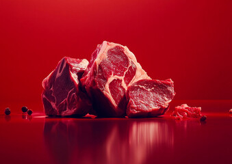 Fresh raw red premium beef fillet for perfect steak on red background as creative advertising banner.Macro.AI Generative.