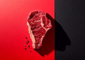 Fresh raw red premium beef fillet for perfect steak on red background as creative advertising banner.Macro.AI Generative.