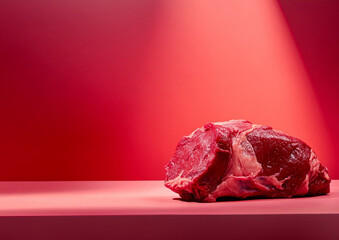 Fresh raw red premium beef fillet for perfect steak on red background as creative advertising banner.Macro.AI Generative.