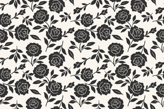 Chic black rose floral pattern on soft beige. Romantic and timeless seamless design, perfect for textiles, wallpapers, packaging, and vintage-inspired projects.