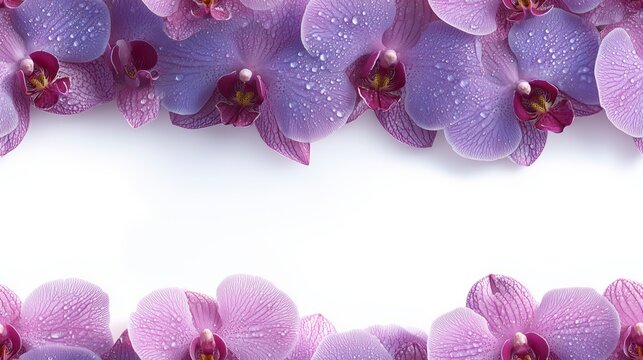 Purple orchids with water droplets frame the top and bottom of a white background, creating a fresh and elegant floral border.