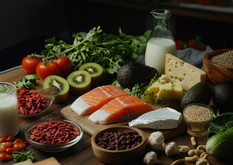 Assorted mix of various high fibre and protein food for healthy lifestyle with vegetables and nuts with salmon and avocado.AI Generative.