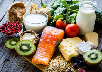 Assorted mix of various high fibre and protein food for healthy lifestyle with vegetables and nuts with salmon and avocado.Macro.AI Generative.