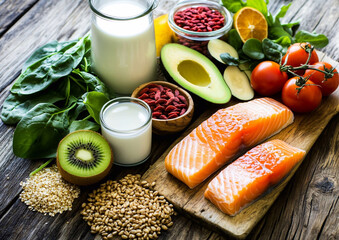 Assorted mix of various high fibre and protein food for healthy lifestyle with vegetables and nuts with salmon and avocado.Macro.AI Generative.