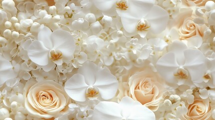 Soft white and cream flowers, including roses and orchids, create a delicate, elegant floral arrangement.