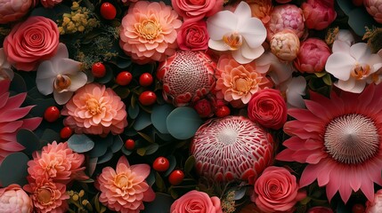 A vibrant arrangement of various pink and red flowers with lush green foliage and red berries.