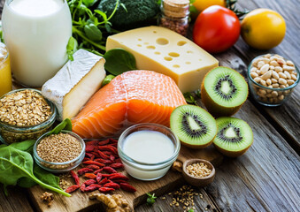 Assorted mix of various high fibre and protein food for healthy lifestyle with vegetables and nuts with salmon and avocado.Macro.AI Generative.