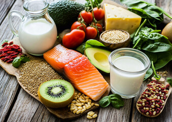 High fibre and protein food for healthy lifestyle like salmon with avocado, kiwi and vegetables with seeds and nuts.Macro.AI Generative.