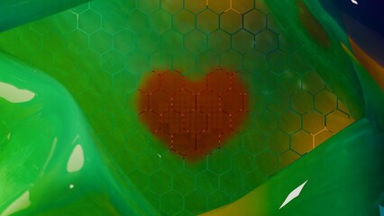 Heart shape pattern behind hexagon grid on colored geometric background