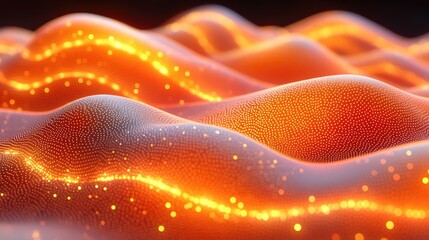 Dynamic orange waveform background with flowing glowing particle streams visual