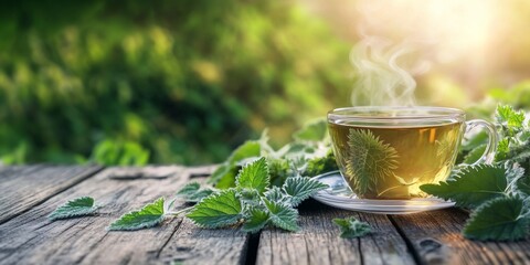 Hot fresh nettle tea in glass cup on a wooden on table surrounded by ripe nettle leaves.Macro.AI Generative.