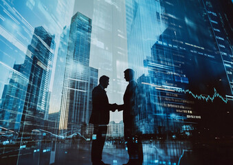 Silhouette of handshake of business people with financial graphs and skyscrapers  showing business agreements between people or company. Business concept. AI Generative.