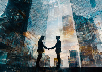 Silhouette of handshake of business people with financial graphs and skyscrapers  showing business agreements between people or company. Business concept. AI Generative.