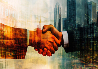Silhouette of handshake of business people with financial graphs and skyscrapers  showing business agreements between people or company. Business concept. AI Generative.