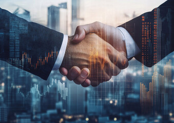 Silhouette of handshake of business people with financial graphs and skyscrapers  showing business agreements between people or company. Business concept. AI Generative.