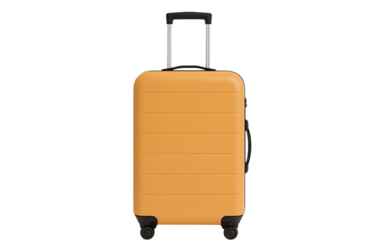 Bright orange travel suitcase hardside trolley luggage with wheels and retractable handle travel gear isolated on transparent background
