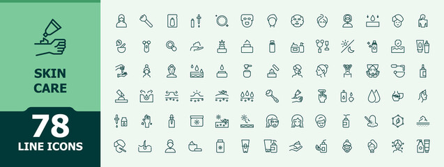 Set of Skin Care line icon. Pictograms of skin, cosmetic, beauty, cosmetology, face and more. Minimal icons collection. Make-Up icon set. Vector collections.